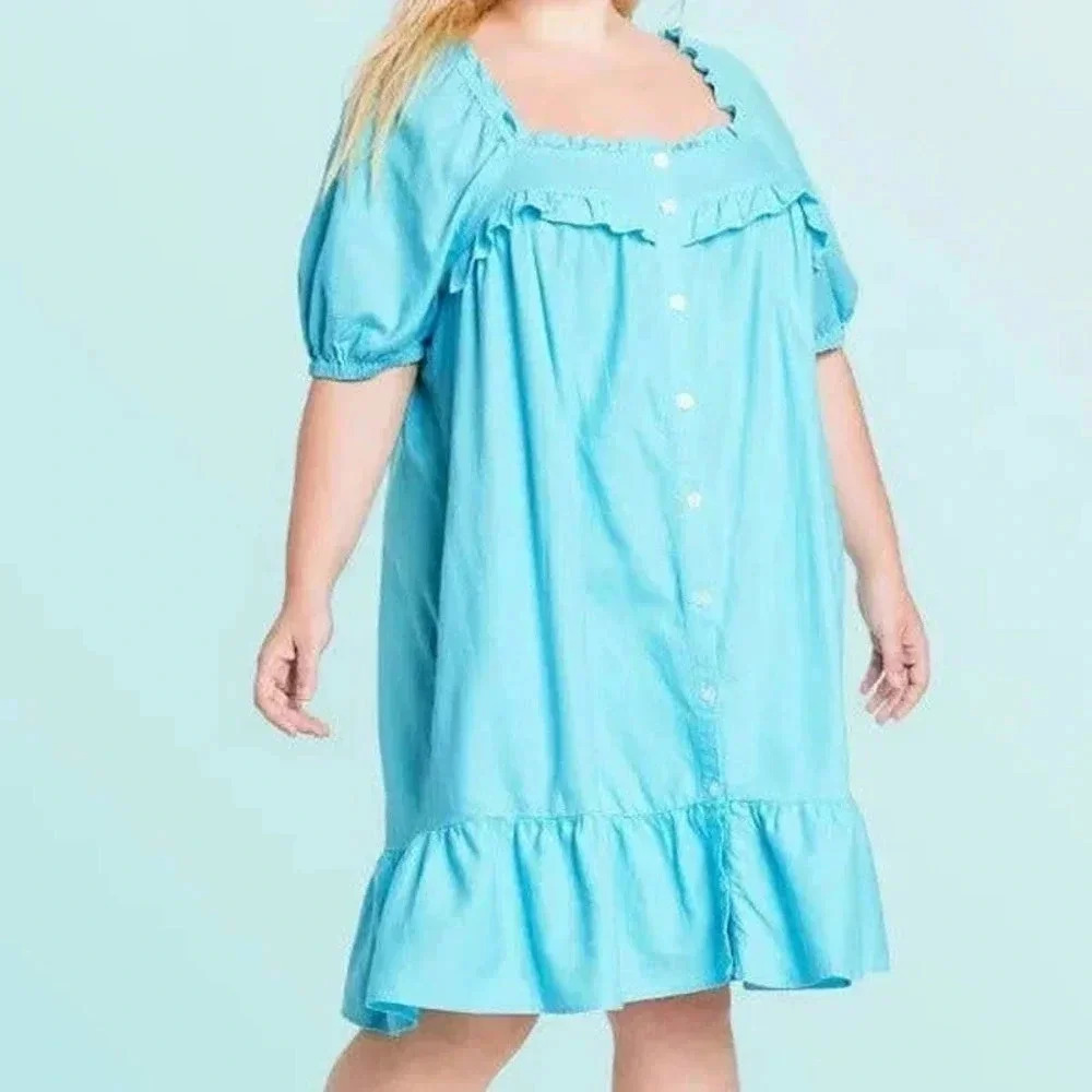 Stoney Clover Women's Blue Button Front Short Sleeve Ruffle Dress Size 2X